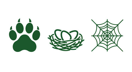 Fototapeta premium Green animal paw print, bird nest, and spider web icons on white background for nature and wildlife concepts