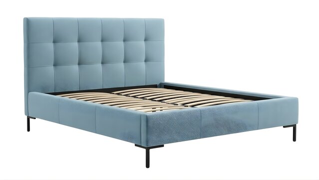 A blue tufted upholstered bed frame with a modern design and black metal legs on transparent background