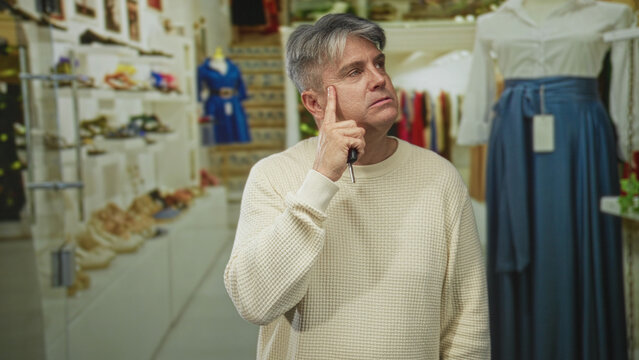 Man holding car keys and finger to lips gesture inside clothing shop building surrounded by shoes and dresses; contemplation secrecy.