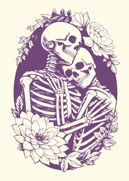 Embracing skeleton couple surrounded by floral elements and leaves with hand drawn skeleton embracing together connection botanical mortality illustration decorative abstract background