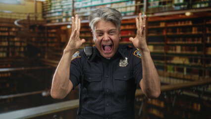 Police man in uniform with clenched fists and open mouth, forearms exposed, badge and radio visible, cheering in a library building  triumph. © Krakenimages.com