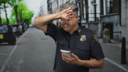 Obraz premium Police officer man holding notepad with pen and radio mic on shoulder, smiling on city street by buildings; friendly duty.