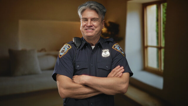 Police officer with folded arms, shoulder radio and badge visible, smiling while standing in a living room building; confidence duty.