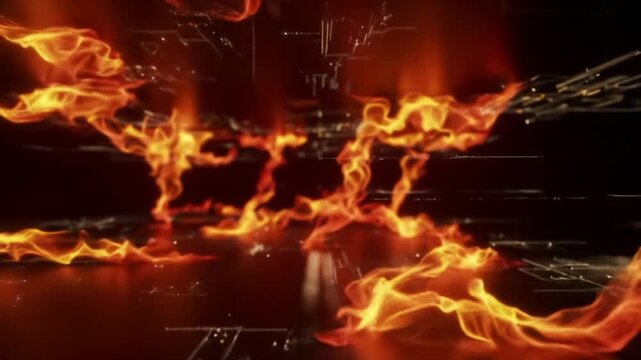 a wide establishing video of an abstract, futuristic digital environment. vibrant orange, red, and yellow volumetric data streams flow and intertwine through a vast, dark holographic interface,