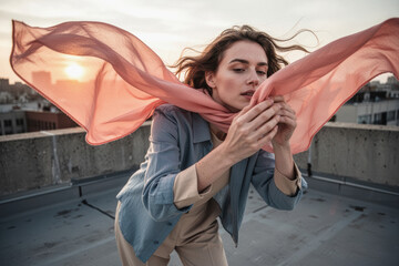 Fototapeta premium Woman with flowing scarf on rooftop at sunset conveying motion and style