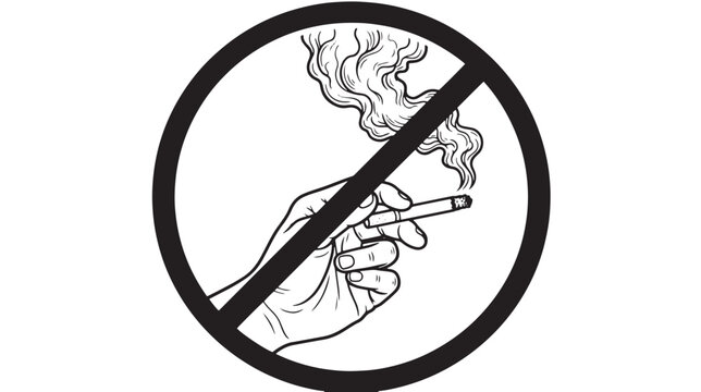 No smoking sign with hand holding cigarette, black and white prohibition icon vector, smoke free zone symbol for public health safety