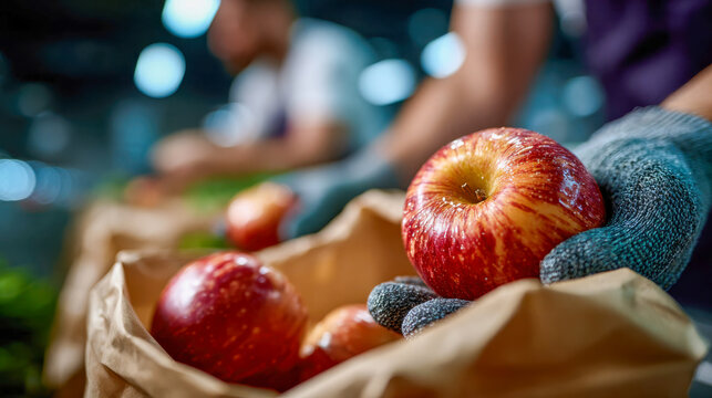 Volunteer hand in glove holding a red apple while packing food bags for community donation program