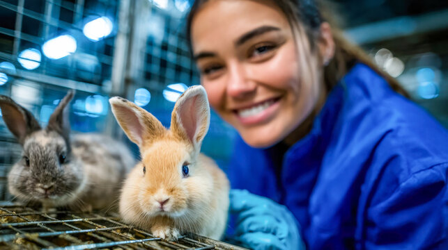 Young female veterinarian examining a rabbit in a cage at an animal care facility
