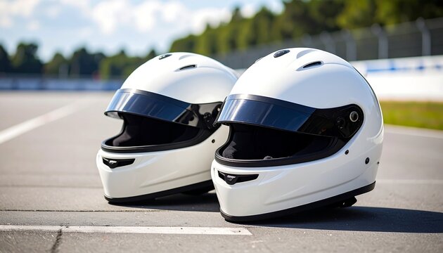 Two pristine white racing helmets with dark visors sit on a racetrack surface, ready for a fast-paced, exciting event under a bright sky