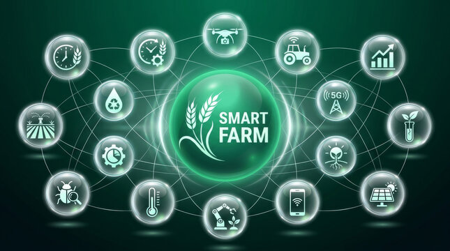 Smart farm technology concept, digital agriculture innovation, modern farming system with connected icons. Precision agriculture, sustainable food production, and agricultural automation.