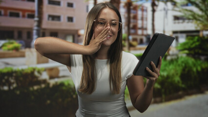 Fototapeta premium Woman young brunette wearing glasses and white tshirt holding tablet tapping and swiping the screen with her right hand on street; concentration curiosity learning.