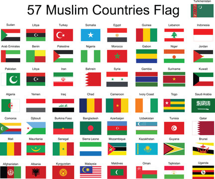 57 Muslim Countries Flags Collection with Names for Educational and Global Reference vector
