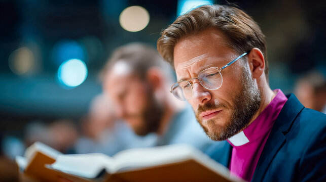 Priest reading the Bible during a church service in a contemplative indoor setting