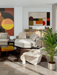 Naklejka premium 3D render, illustration Luxury modern living room interior, realistic lighting, wide angle, contemporary furniture, clean lines, minimalist decor, elegant home design, large window