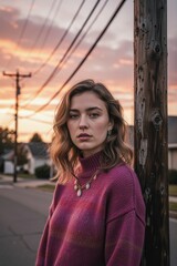 Fototapeta premium Woman leaning against wooden pole at sunset with power lines overhead in soft light