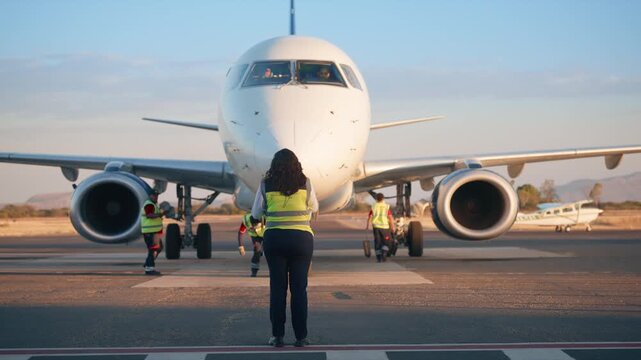 Special ground personnel directs white passenger airplane to gate at airport tarmac during golden hour. Crew members in high visibility vests assist with aircraft parking procedures on runway.