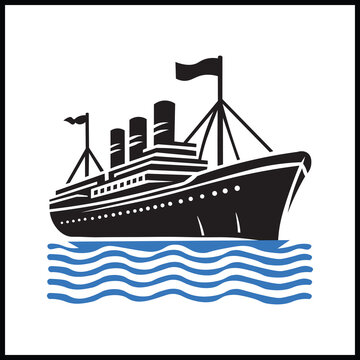 Minimalist flat design illustration of a classic cruise ship on ocean waves, ideal for travel, tourism, maritime, and vintage-themed projects in marketing and education.