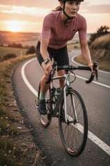 Fototapeta premium Woman cycling on winding road at sunset with focused athletic posture and grace