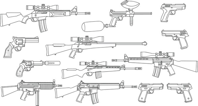 Firearm Line Art Collection with Rifles, Pistols, Revolvers, and Tactical Weapons in Detailed Outline Style for Military Equipment Illustration Set