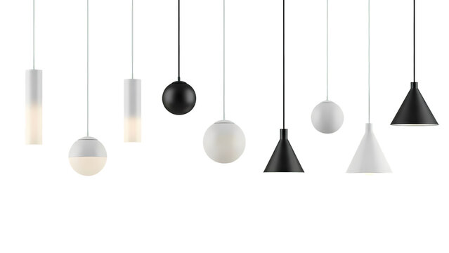A collection of modern minimalist pendant lights in various shapes and colors, hanging against a white background.