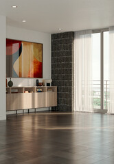 Obraz premium 3D render, illustration Luxury modern living room interior, realistic lighting, wide angle, contemporary furniture, clean lines, minimalist decor, elegant home design, large window
