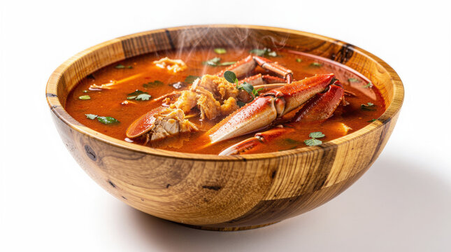 Chilpachole de Jaiba in Bamboo Bowl 35 Degree Angle Isolated on White Background Studio Shot