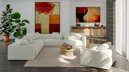 Obraz premium 3D render, illustration Luxury modern living room interior, realistic lighting, wide angle, contemporary furniture, clean lines, minimalist decor, elegant home design, large window