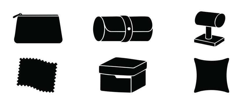 Jewelry storage accessories icon set, fashion organizing tools including cases, watch rolls, display stands, boxes and polishing cloths for retail display, product organization and minimalist design c