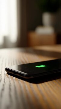 Close up of smartphone on wooden table with soft bokeh