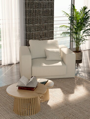 Obraz premium 3D render, illustration Luxury modern living room interior, realistic lighting, wide angle, contemporary furniture, clean lines, minimalist decor, elegant home design, large window