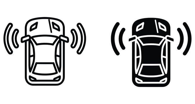 Car sensor icon set showing top view vehicle with proximity signal waves for parking assistance autonomous driving and smart safety technology