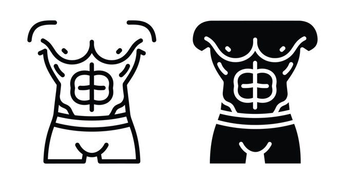 Muscular male torso icon set showing abdominal muscles chest and waist for fitness bodybuilding gym health workout and anatomy design