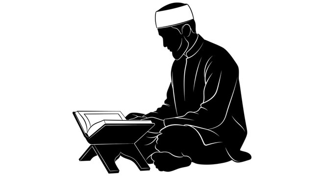 EID-UL ADHA Islamic man reading Quran, Muslim priest, holy book, black silhouette Vector