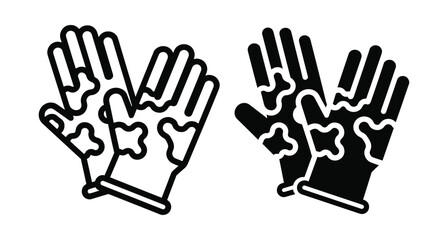 Fototapeta premium Protective work gloves icon set with camouflage pattern for gardening cleaning or industrial safety equipment in outline and solid styles