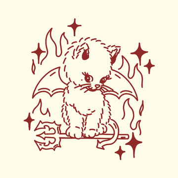 Devil kitten illustration with wings horns fire trident hand drawn illustration pitchfork mythical supernatural halloween minimalist isolated background character stylized whiskers