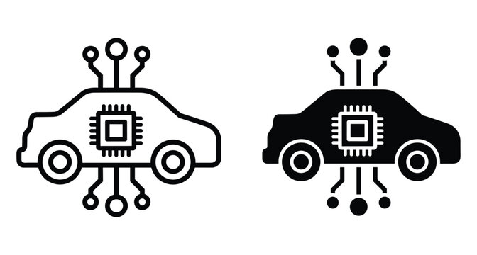 Smart car technology icon set featuring autonomous vehicle with microchip processor and electronic circuit lines for automotive software systems and connectivity