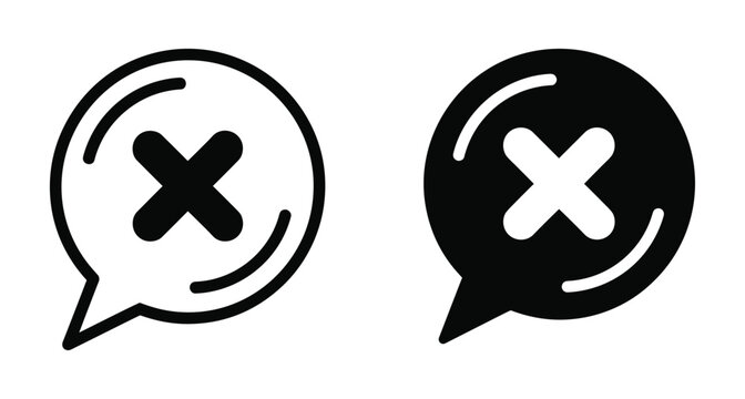 Speech bubble icons with cross mark symbol representing error message cancel button delete notification rejection feedback and negative response interface
