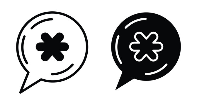 Speech bubble icons with asterisk symbol inside representing chat notification message alert or password field character in outline and solid styles