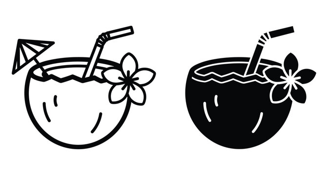 Coconut cocktail icon set with straw umbrella and flower for summer vacation beach party tropical drink menu design elements graphic