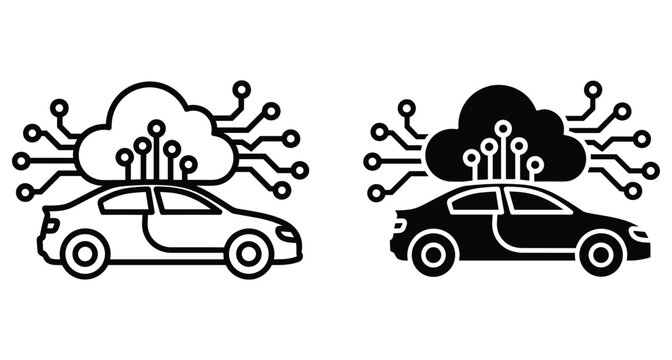 Smart connected car icon set featuring cloud computing network technology for autonomous driving vehicle systems and digital automotive data communication