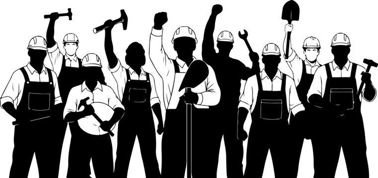 Silhouettes of diverse workers raising fists and holding tools celebrating labor teamwork