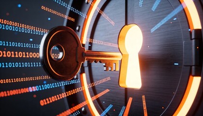 Fototapeta premium High-detail minimalist 3D cybersecurity concept — glowing key unlocking digital vault with floating binary streams, dark futuristic background, clean bright color scheme, no logos