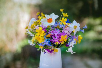 Fototapeta premium Beautiful bouquet with spring wild flowers and hyacinths 