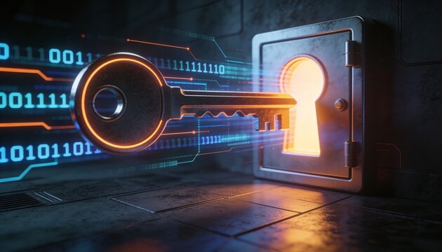 High-detail minimalist 3D cybersecurity concept &mdash; glowing key unlocking digital vault with floating binary streams, dark futuristic background, clean bright color scheme, no logos