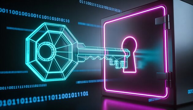 High-detail minimalist 3D cybersecurity concept &mdash; glowing key unlocking digital vault with floating binary streams, dark futuristic background, clean bright color scheme, no logos