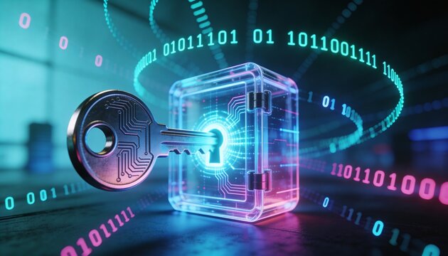 High-detail minimalist 3D cybersecurity concept &mdash; glowing key unlocking digital vault with floating binary streams, dark futuristic background, clean bright color scheme, no logos