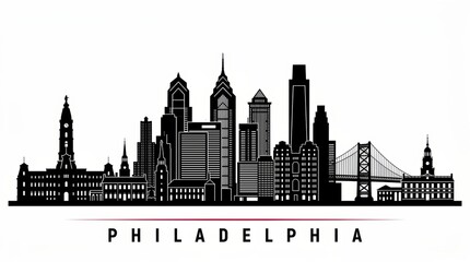 Obraz premium A horizontal banner showcasing the Philadelphia city skyline, depicted as a black-and-white silhouette of Philadelphia, USA, designed as a vector template for design use.