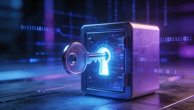 Glowing encryption key unlocking a digital vault surrounded by floating binary data streams, minimalist clean 3D render, dark futuristic backdrop, vivid color scheme, logo-free