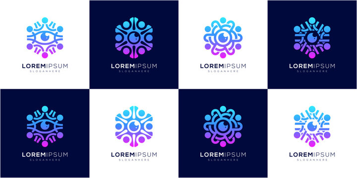 Collections of Community and Eye logo design inspirations. Vision Peoples and Surveillance for Network Digital Identity. Geometric abstract vector icon symbol gradient.