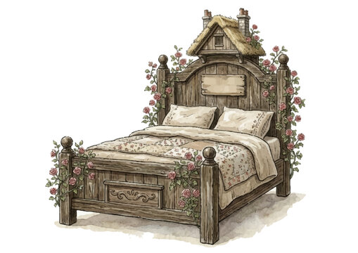 Cottagecore old wooden frame bed watercolor illustration with quilt blanket and rose vine climbing